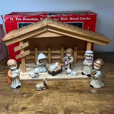 Porcelain Nativity Set with Wood Creche Stable Christmas Collectible MISSING