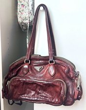 PRADA Vintage Washed Leather Top Handle Bag Brown Zip Outer Pockets