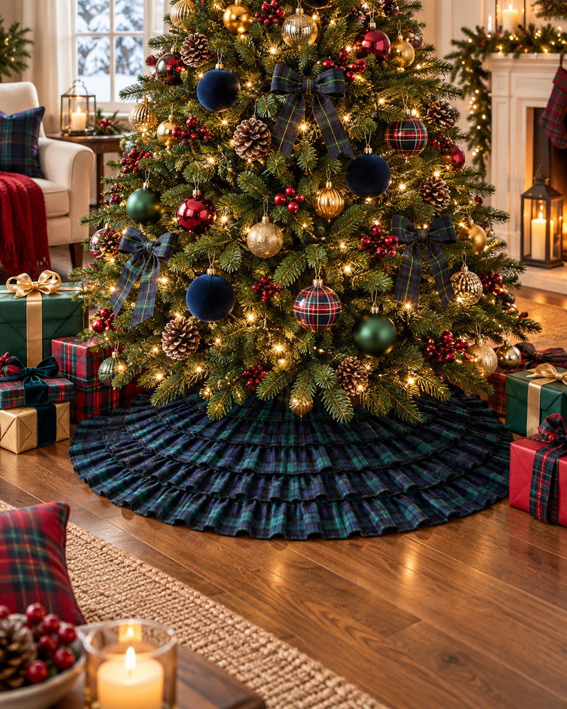 Navy and tartan decorated Christmas tree with gold ornaments, plaid ribbons, and wrapped gifts, creating an elegant holiday atmosphere.