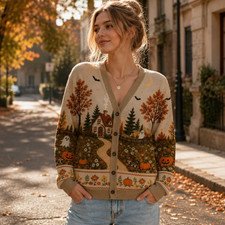 Rustic Pumpkin Cardigan, Cozy Cottagecore Fall Sweater