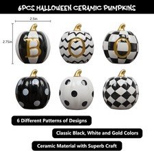 Set Of 6 Ceramic Halloween Pumpkins, Decorative Pumpkin Figurines For Indoor Hom