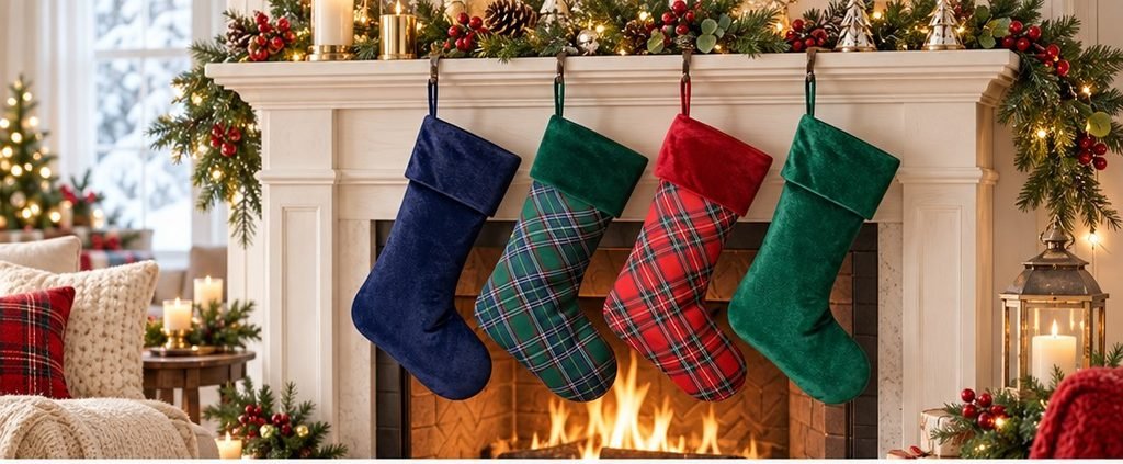 Festive fireplace with navy and tartan Christmas stockings, surrounded by garlands and candles, enhancing holiday decor style.