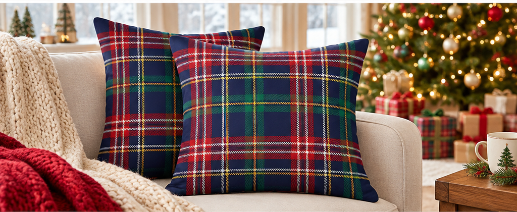 Navy and tartan plaid pillows on a cozy sofa with Christmas tree and gifts in the background, enhancing holiday decor.