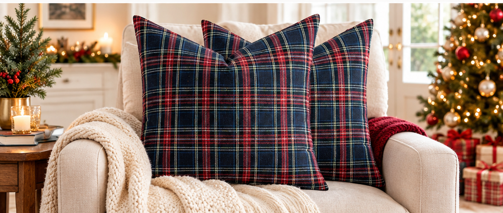 Cozy living room with navy and tartan pillows, beige blanket, Christmas tree, and festive decor creating a warm holiday atmosphere.