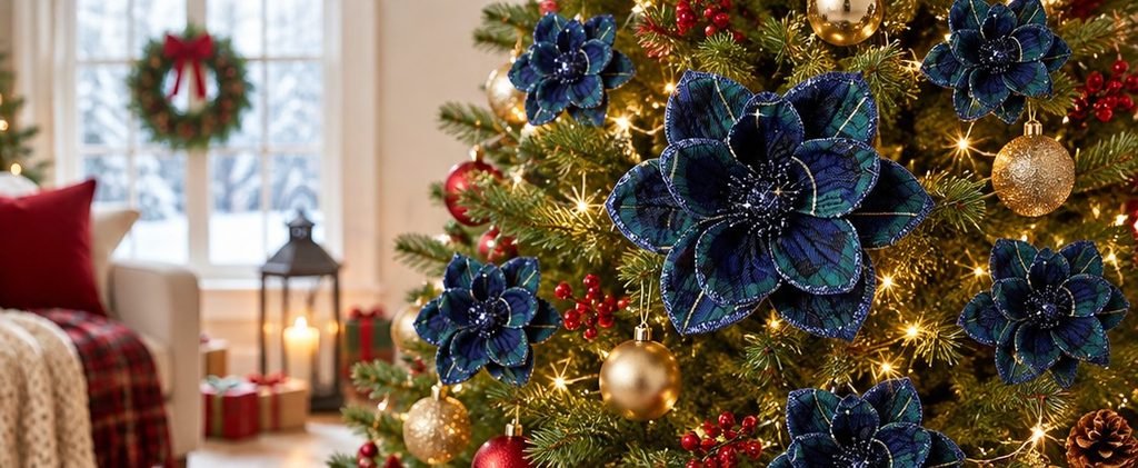 Christmas tree adorned with navy tartan flowers and gold ornaments, enhancing holiday decor with a classic and elegant touch.