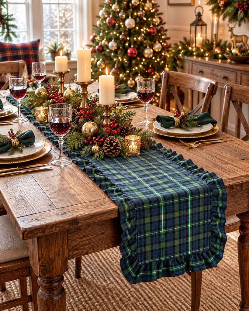 Festive dining table with navy tartan runner, elegant candles, and Christmas decor, complementing a beautifully lit tree in the background.