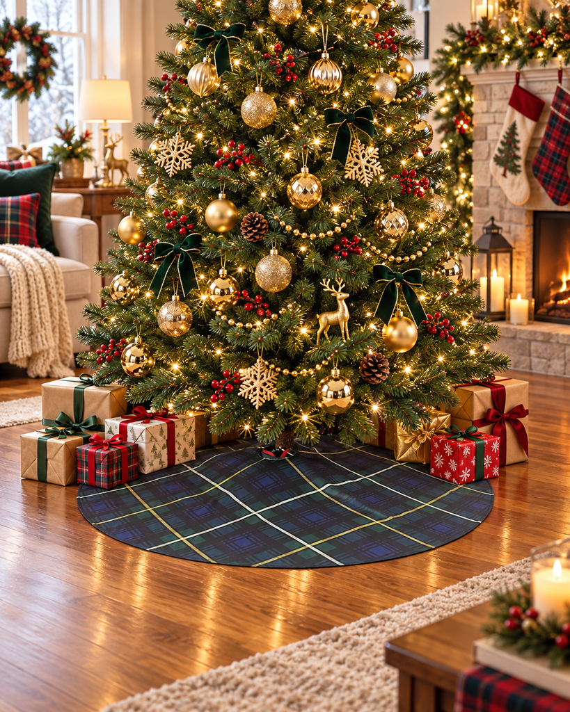 Christmas tree with navy tartan skirt, gold ornaments, and festive decorations in cozy living room setting, enhancing holiday style.