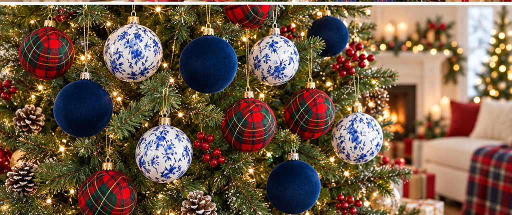 Christmas tree decorated with navy and tartan ornaments, enhancing festive ambiance with elegant holiday style and cozy living room background.