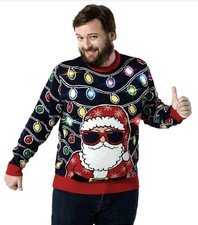 Ugly Holiday Sweater Santa Claus Light Up Lights~Christmas Knit Sweater Size LG