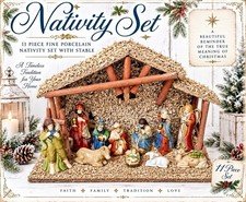 Vintage (11) Piece Fine Porcelain Nativity Set With Moss Covered Wooden Stable