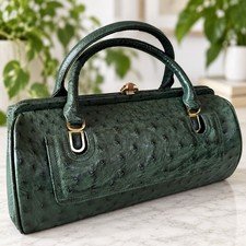 Vintage 1980s Ostrich Leather Handbag Dark Green Gold Frame Mini Boston Japan
