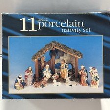 Vintage 1990’s Nativity 11 Piece Porcelain Set With Wood Stable Open Box
