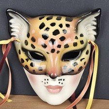 Vintage Art Deco Hand Painted Porcelain Mask Wall Hanging Leopard Mask