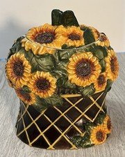 Vintage Ceramic Cookie Jar Sunflowers In A Basket Green Yellow Brown 10"x9"x7"