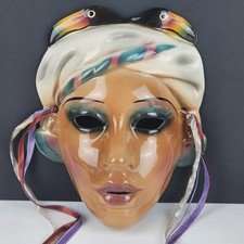 Vintage Clay Art Hand Painted Porcelain Mask Wall Hanging Flammingo Lady Mask