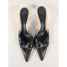 Vintage Gucci Black Leather Pointed Toe Mules Buckle Stiletto Heels Size 9B