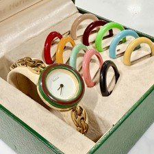 Vintage GUCCI Change Bezel 11 Rings Women's Watch Gold Chain Link Bracelet RUNS!