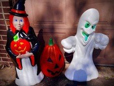 Vintage Halloween Blow Mold Ghost Pumpkin & Witch Lot of 3 Yard Decor with cord