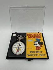 Vintage Mickey Mouse Railroad Pocket Watch Set in Box Walt Disney Bradley Time
