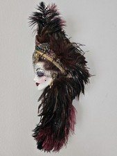 Vintage Porcelain Face Mask Unique Creations Lady Wall Decor Feather Lace