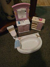 Vtg Barbie House Bathroom Set 2000 Vanity, Tub, Toliet, Shelf