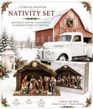 VTG Nativity Set 11 Piece Hand Painted W/ Glitter & Lighted Wooden Stable W/ Box