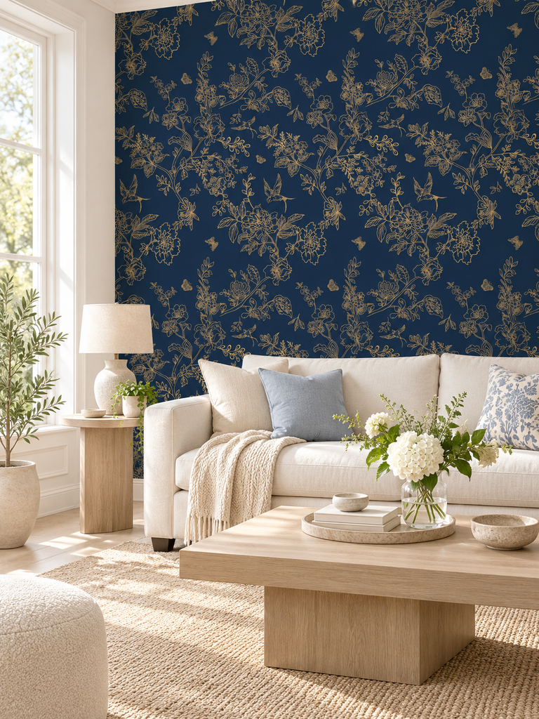 Elegant living room with floral feature wall wallpaper, beige sofa, wooden coffee table, and decorative plants, enhancing room ambiance and style.