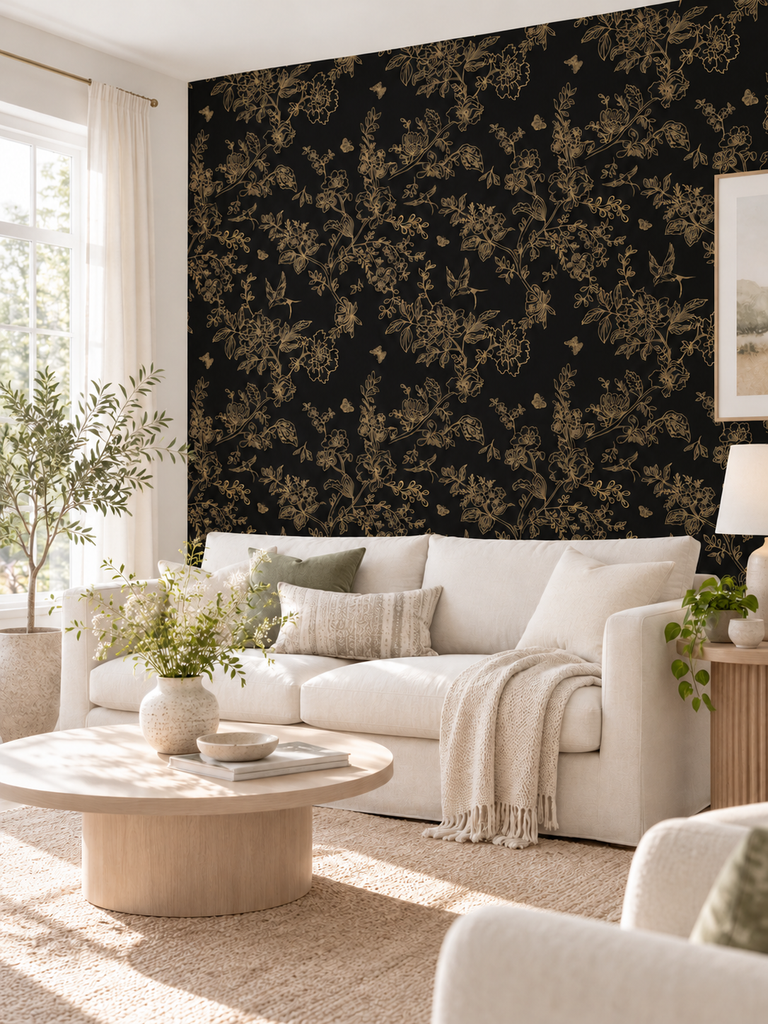 Elegant living room with floral feature wall wallpaper, white sofa, and natural light, showcasing transformative interior design.