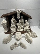 12 Piece White Porcelain Nativity Set with Wooden Stable Creche Christmas Decor