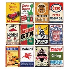 12 Retro Vintage Gas & Oil Tin Signs - Metal Wall Art for Home, Man Cave, Garage