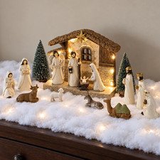 17 Pcs Christmas Nativity Set with Lighted Stable