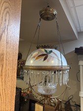 1890’s Antique Victorian Hand Painted Hanging Parlor Oil Lamp--Electrified