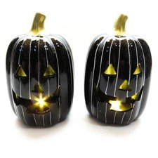 2 Jack-O-Lantern Lighted LED Ceramic 6.5" Pumpkin Battery Powered Halloween READ