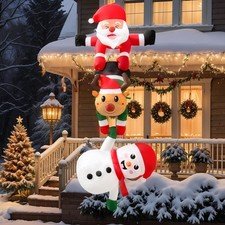 8FT Christmas Inflatables Outdoor, Hanging Santa with Reindeer Roof Decor Climbi