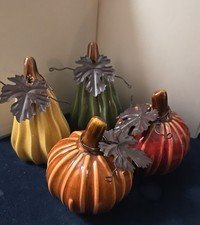 Ceramic Pumpkins With Metal Leaf & Vine Accents Lot of 4 Fall Decor Small 4 x 2