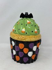 David’s Cookies Halloween Cupcake Cookie Jar Candy Corn Bat Ceramic Canister 8”