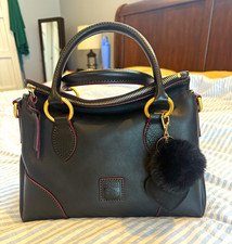 Dooney & Bourke Satchel 30 Black Florentine Leather Zip Top Strap Pom Charm