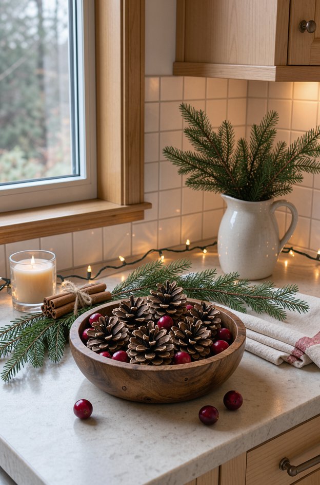 Rustic Christmas kitchen decor with pinecones, cranberries, and greenery in a wooden bowl. Perfect for Best Classic Christmas Kitchen Decor Ideas.