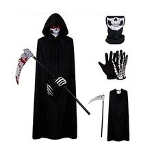 Grim Reaper Halloween Costume 4PC Set Skull Mask Robe Cape Gloves Scythe