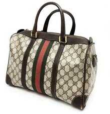 Gucci Vintage Sherry Line GG Boston Bag Beige Brown Canvas Web Stripe