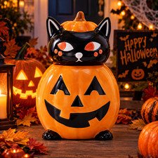 Halloween Pumpkin Cat Ceramic Cookie Jar Cute Halloween Kitchen Candy Storage De