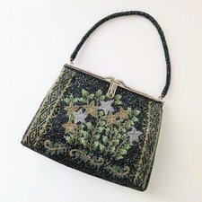 Japanese Vintage Beaded Evening Bag Party Bag Handmade Green Floral pattern