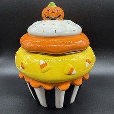 Kohl's Retired Halloween Pumpkin/Candy Corn Cupcake Ceramic Cookie Jar