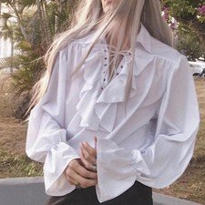 Men Shirt Medieval Frills Lace Up Renaissance Gothic Blouse Tops