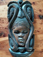 Mid 20th Century Kenyan Wooden Woman With Snake Head Dress Mask Wall Hanging