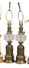 PAIR FRENCH Gilt Bronze & Glass Electrified Oil Lamps