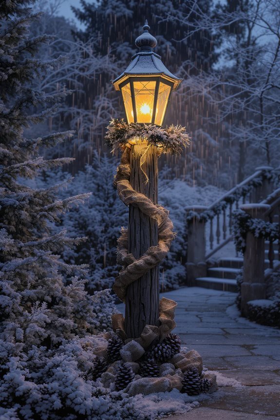 pinecone decorated rustic lamp post