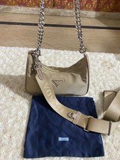 PRADA Re-Edition 2005 Nylon Shoulder Bag Beige Silver Chain Strap Crossbody Bag