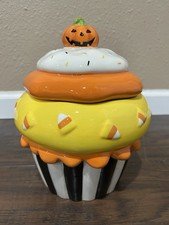 Retired Kohl's "Happy Halloween" Ceramic Cupcake Cookie Jar Candy Corn Pumpkin