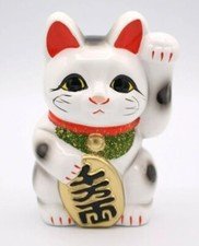 Tokoname ware Pottery Maneki Neko Japanese Lucky cat Left hand 6.3in